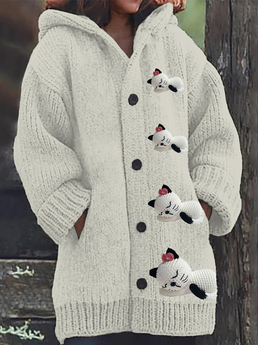 Women's Fashion Embroidered Cat Art Print Button Thick Long Sleeve Hooded Cardigan