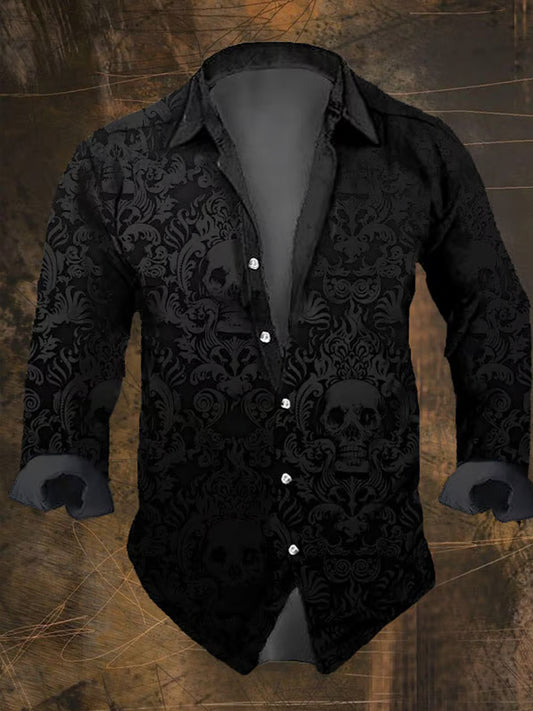 Men's Punk Art Print V-Neck Long Sleeve Button Shirt Top