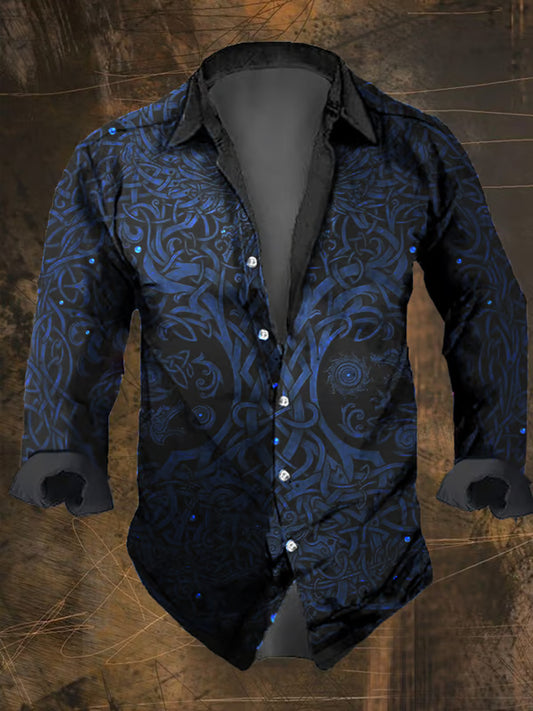 Men's Punk Art Print V-Neck Long Sleeve Button Shirt Top