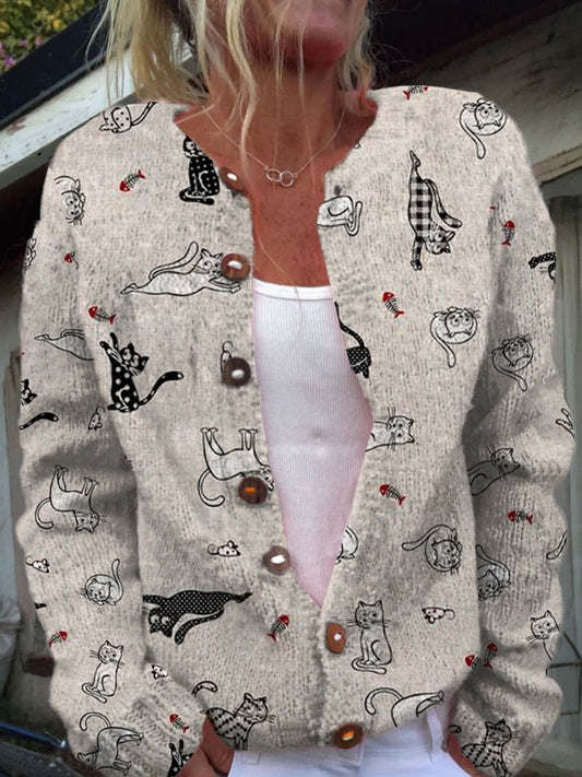 Women's Fashion Elegant Cat Art Print Button Long Sleeve Sweater Cardigan