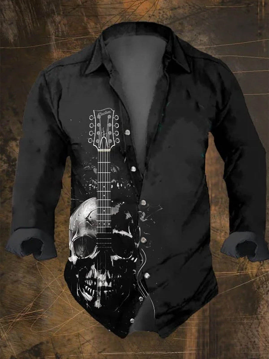 Men's Punk Art Print V-Neck Long Sleeve Button Shirt Top