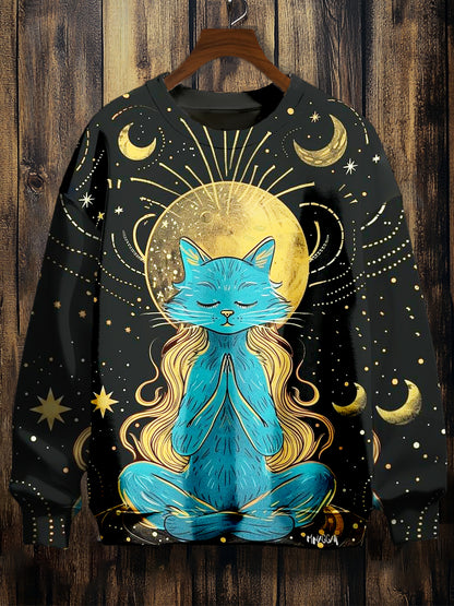 Unisex Divination Praying Cat Pattern Casual Round Neck Long Sleeve Sweatshirt