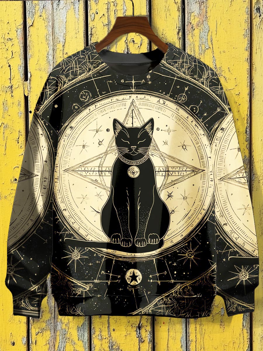 Unisex Tarot Card Astrology Cat Pattern Casual Round Neck Long Sleeve Sweatshirt