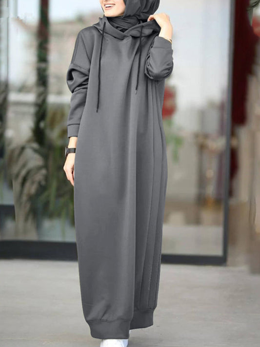 Women's Solid Muslim Hooded Warm Casual Maxi Dress