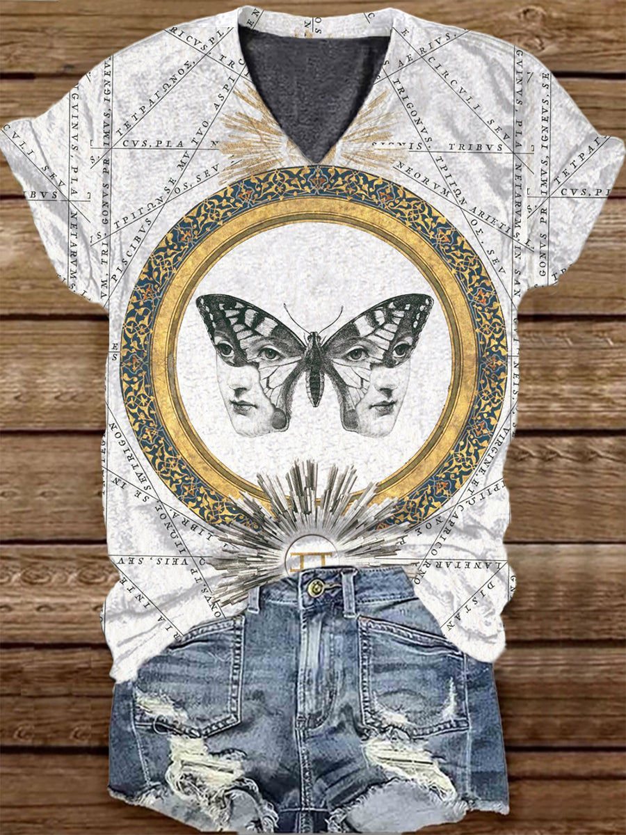 Unisex Butterfly Astrolabe Pattern Casual V-Neck Short Sleeve T-Shirt