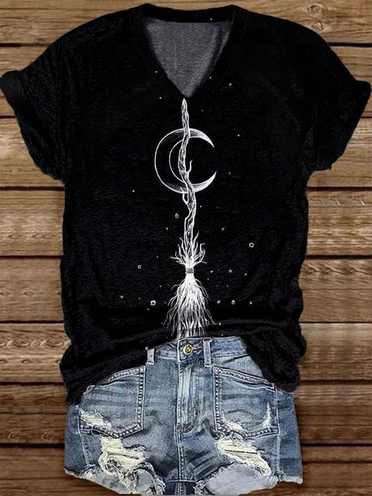 Unisex Witch Moon Broom Casual V-neck Short Sleeve T-shirt