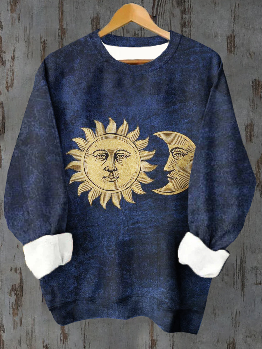 Unisex Tarot Sun and Moon Pattern Casual Round Neck Long Sleeve Sweatshirt