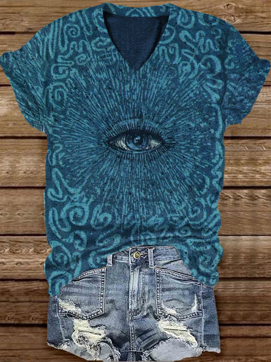 Unisex Tarot All-Seeing Eye Casual V-neck Short Sleeve T-shirt