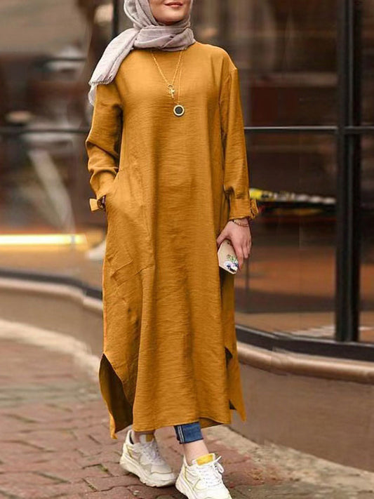 Women's Solid Muslim Cotton and Linen Pocket Casual Maxi Dress