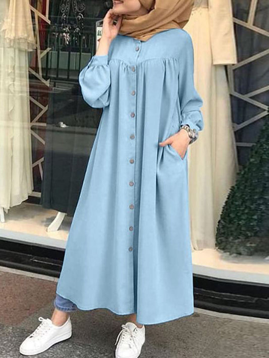 Women's Muslim Solid Color Casual Daily Single Breasted Pocket Dress Maxi Dress