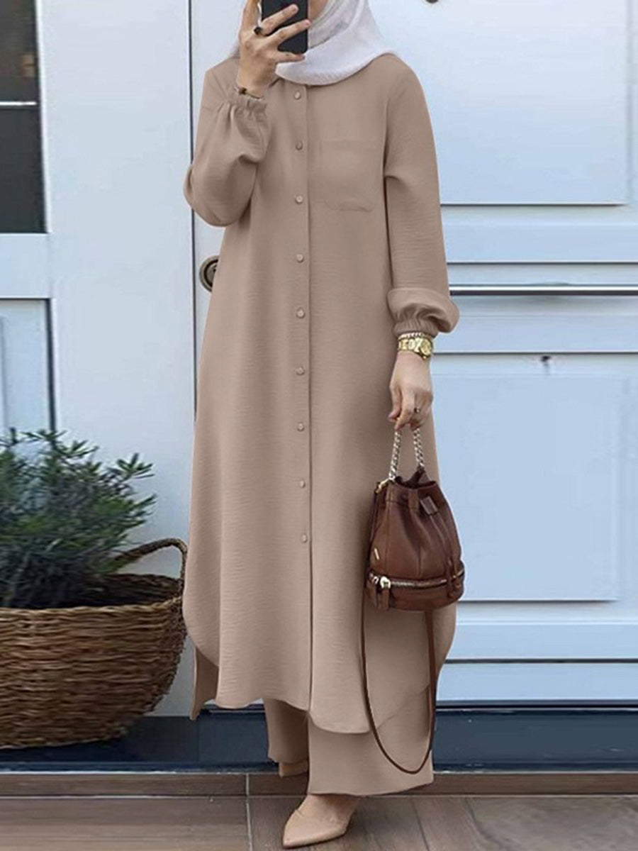 Women's Muslim Solid Color Casual Daily Single Breasted Shirt Collar Dress Pants Two-Piece Set