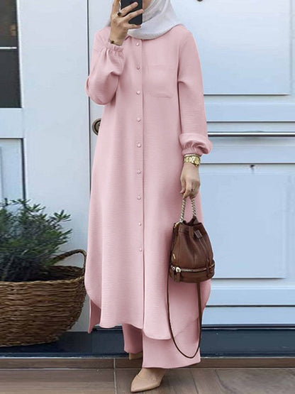 Women's Muslim Solid Color Casual Daily Single Breasted Shirt Collar Dress Pants Two-Piece Set