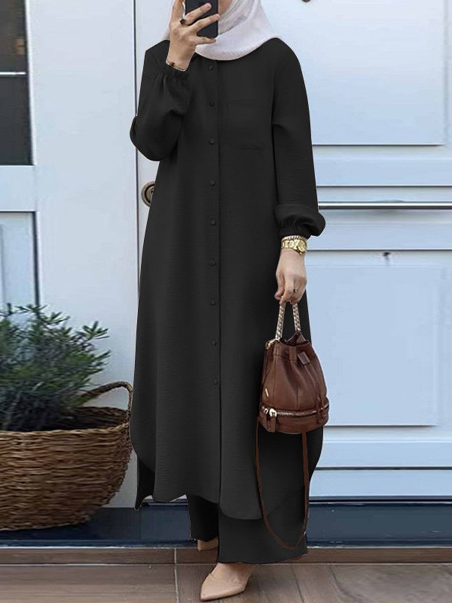 Women's Muslim Solid Color Casual Daily Single Breasted Shirt Collar Dress Pants Two-Piece Set