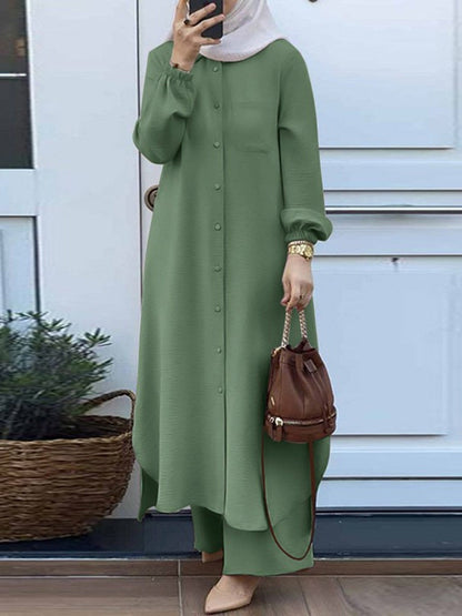 Women's Muslim Solid Color Casual Daily Single Breasted Shirt Collar Dress Pants Two-Piece Set