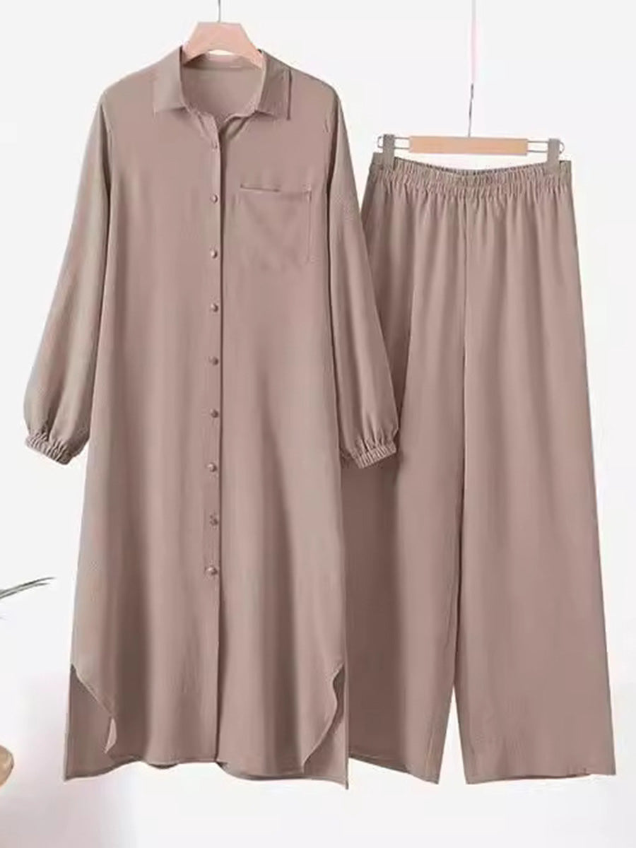 Women's Muslim Solid Color Casual Daily Single Breasted Shirt Collar Dress Pants Two-Piece Set