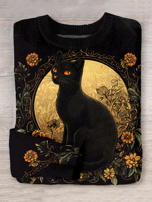 Vintage Cat Art Print Long Sleeve Thick Knit Sweater