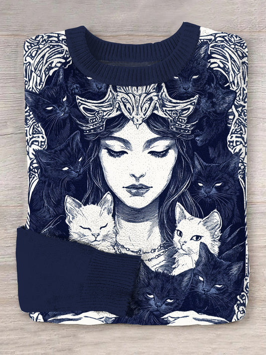 Vintage Cat Art Print Long Sleeve Thick Knit Sweater