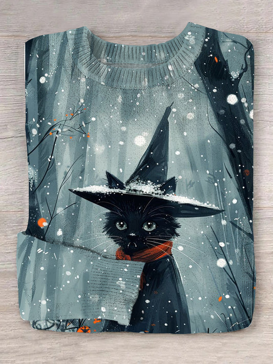 Vintage Cat Art Print Long Sleeve Thick Knit Sweater