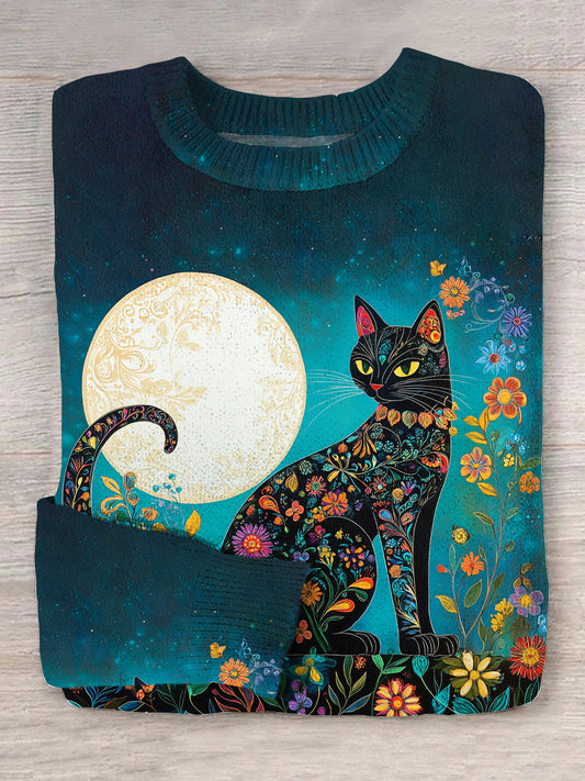 Vintage Cat Art Print Long Sleeve Thick Knit Sweater