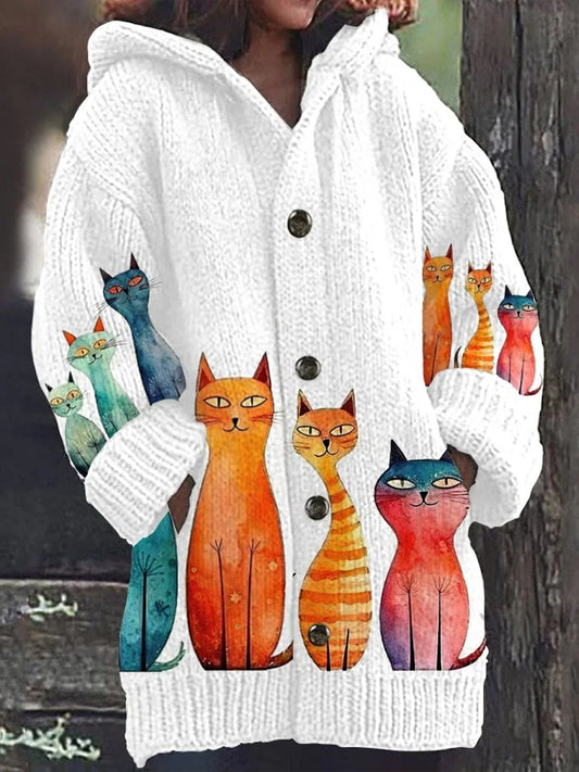 Vintage Cat Art Print Button Thick Long Sleeve Hooded Cardigan