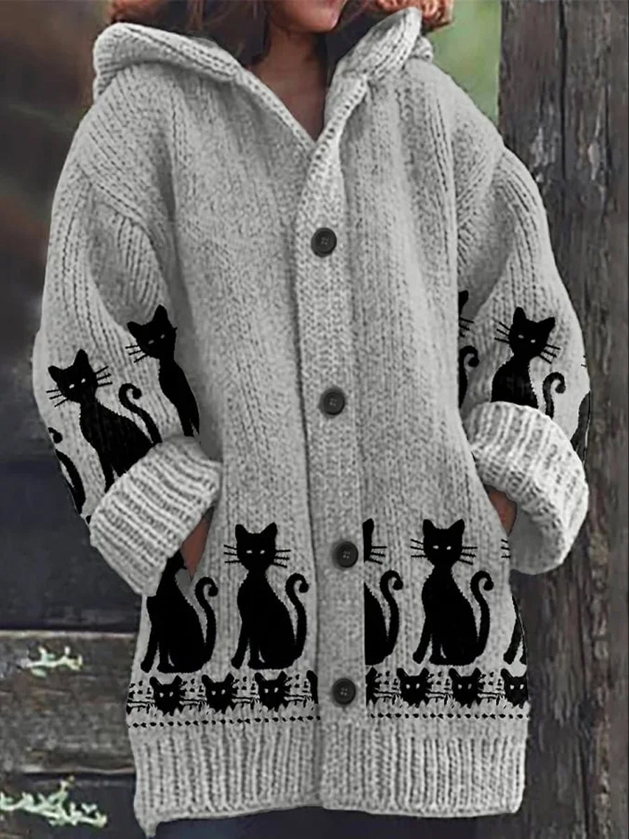 Vintage Cat Art Print Button Thick Long Sleeve Hooded Cardigan