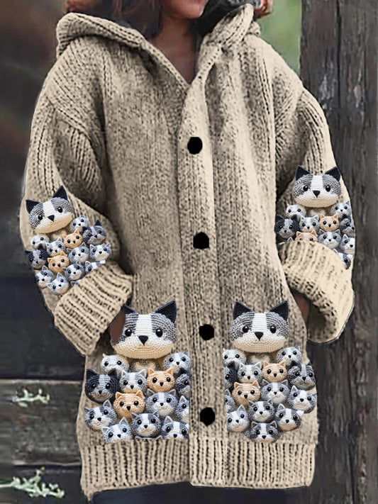 Vintage Cat Art Print Button Thick Long Sleeve Hooded Cardigan