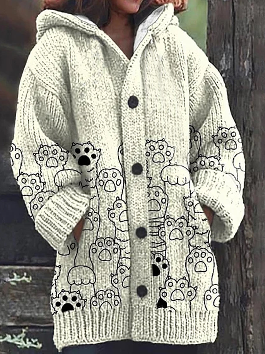 Vintage Cat Art Print Button Thick Long Sleeve Hooded Cardigan