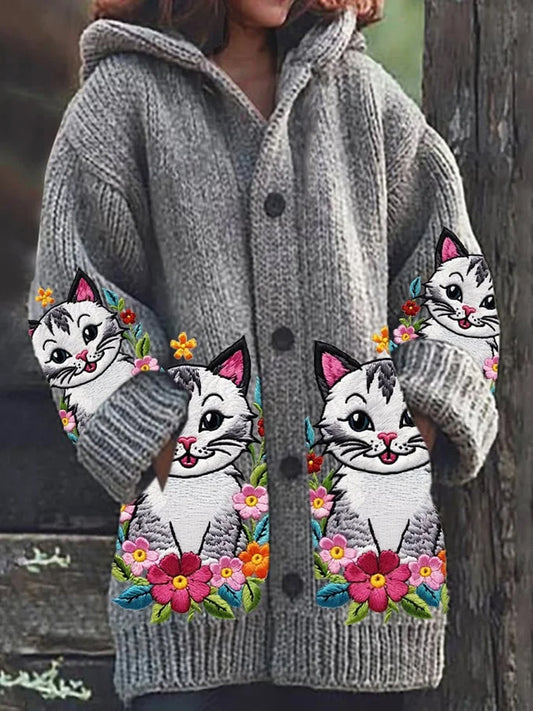 Vintage Cat Art Print Button Thick Long Sleeve Hooded Cardigan