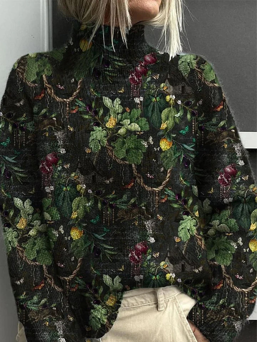 Vintage Floral Art Print Long Sleeve Thick Knit Sweater