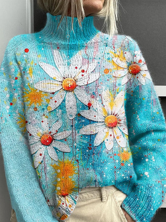 Vintage Floral Art Print Long Sleeve Thick Knit Sweater