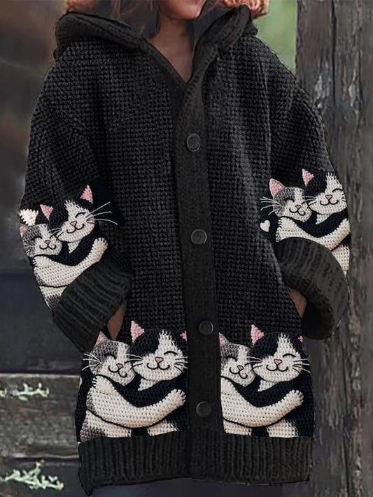 Vintage Cat Art Print Button Thick Long Sleeve Hooded Cardigan