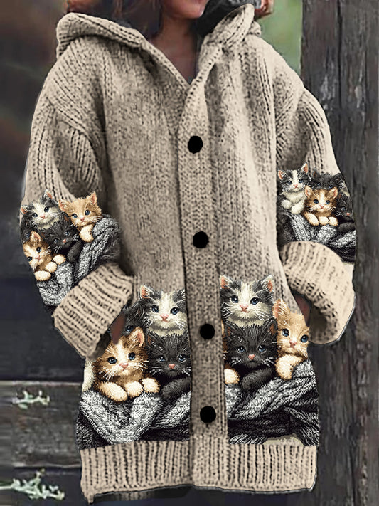 Vintage Cat Art Print Button Thick Long Sleeve Hooded Cardigan