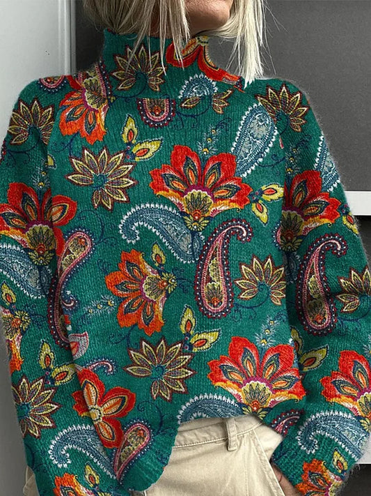 Vintage Floral Art Print Long Sleeve Thick Knit Sweater