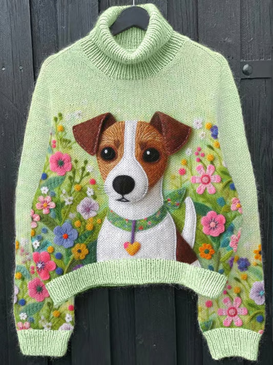 Vintage Dog Art Print Long Sleeve Thick Knit Sweater