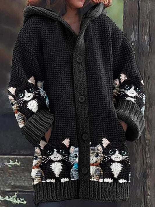 Vintage Cat Art Print Button Thick Long Sleeve Hooded Cardigan