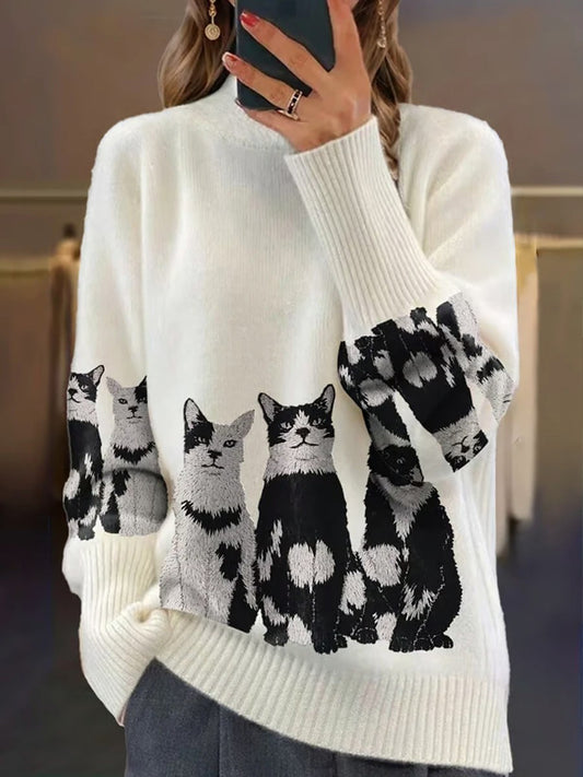 Vintage Cat Art Print Long Sleeve Chunky Knit Sweater