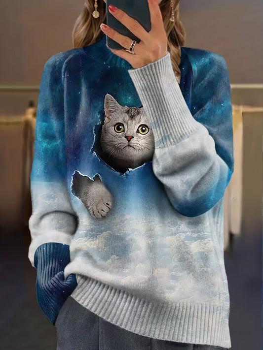 Vintage Cat Art Print Long Sleeve Chunky Knit Sweater