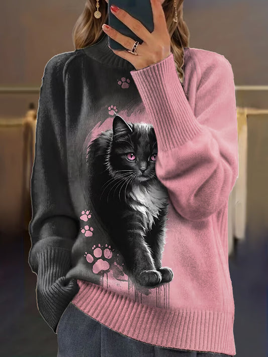 Vintage Cat Art Print Long Sleeve Chunky Knit Sweater