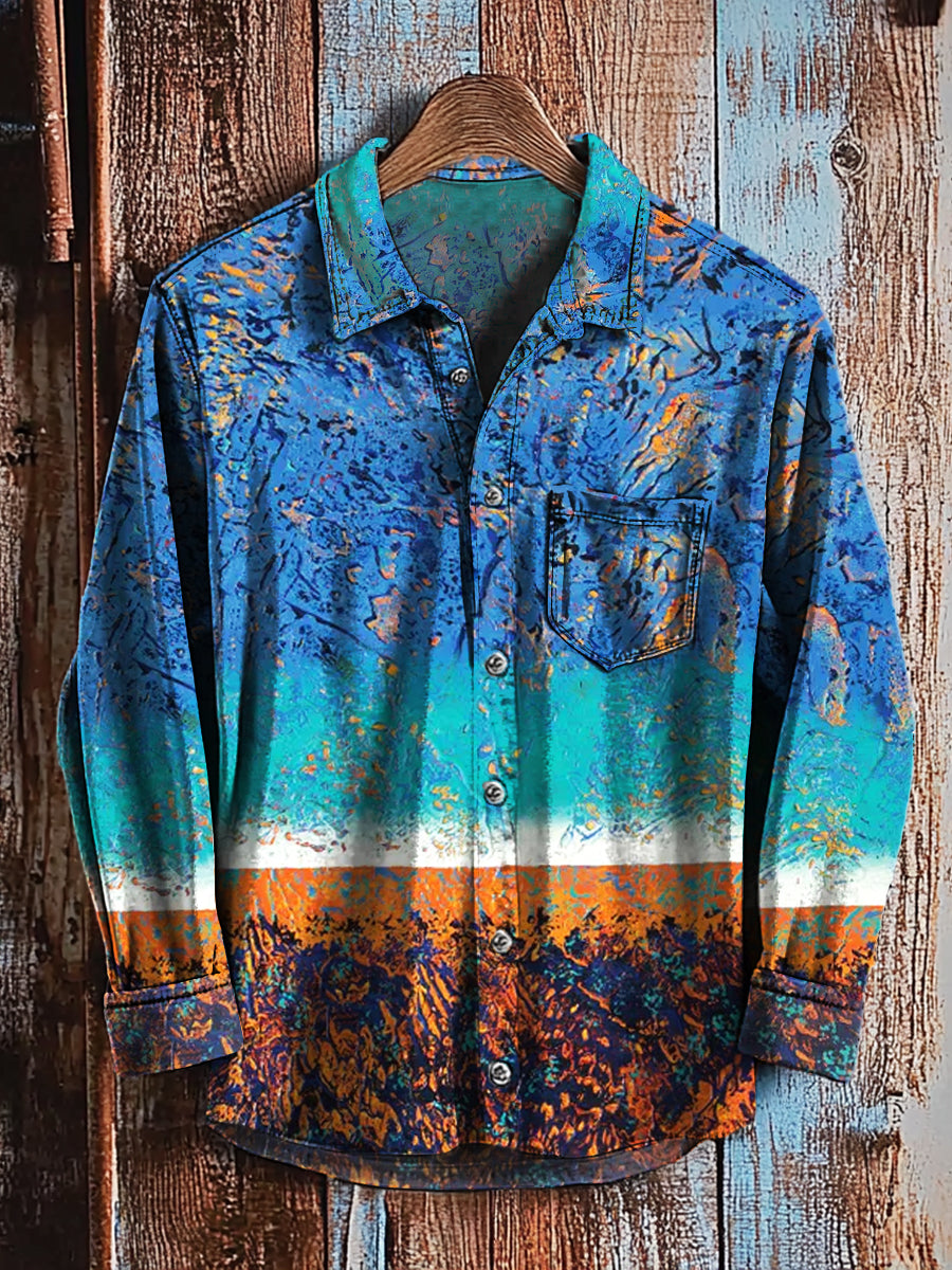 Men's Retro Art Print Casual Long Sleeve Shirt