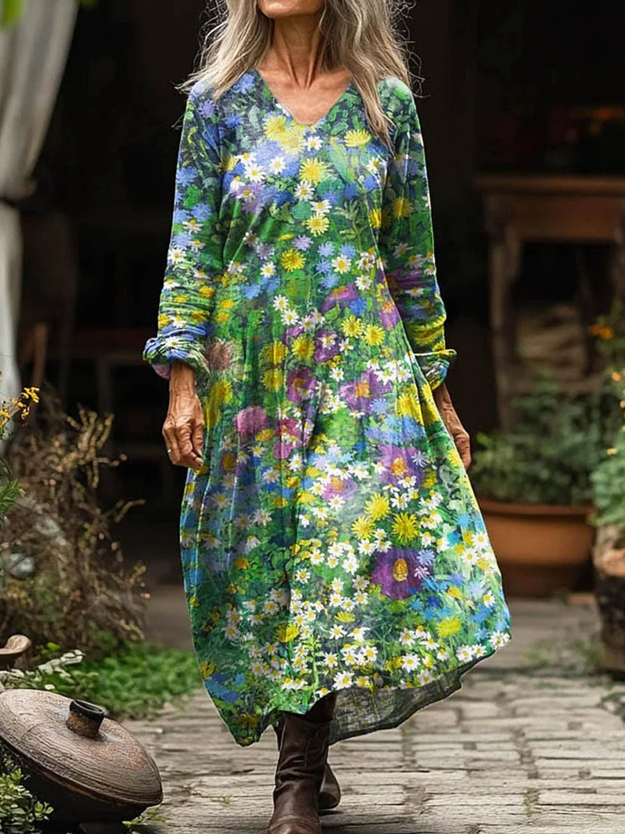 Vintage Floral Art Print V Neck Elegant Chic Loose Long Sleeve Midi Dress