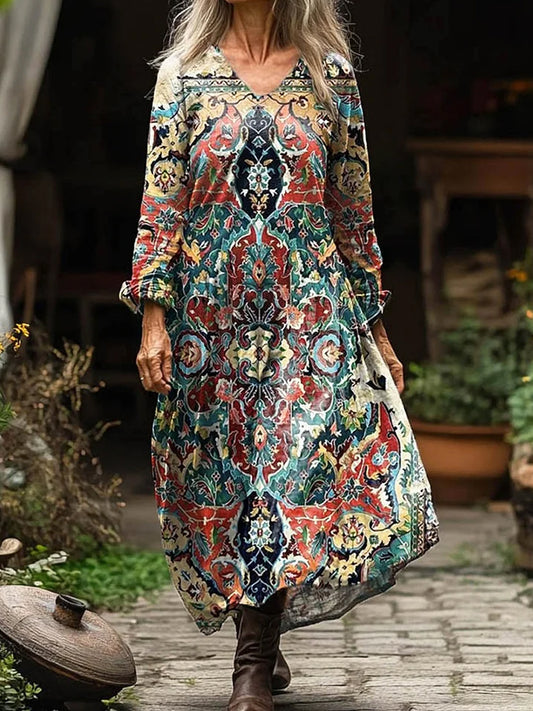 Vintage Floral Art Print V Neck Elegant Chic Loose Long Sleeve Midi Dress