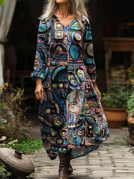 Vintage Floral Art Print V Neck Elegant Chic Loose Long Sleeve Midi Dress