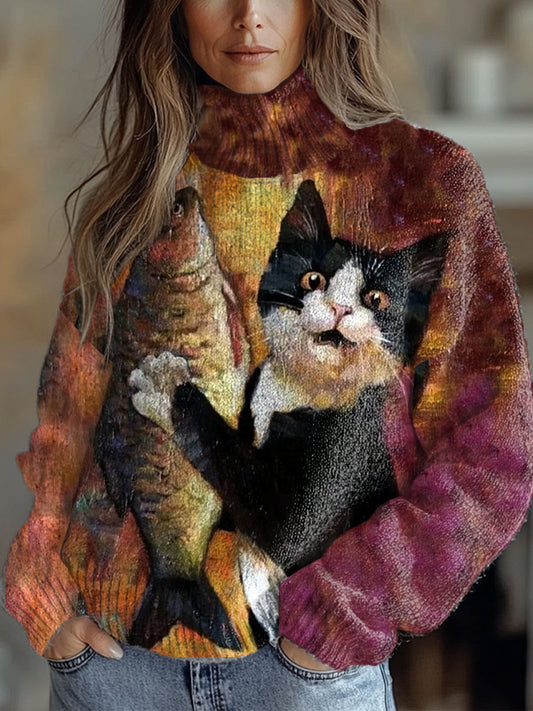 Women's Vintage Art Cat Art Print Casual Chic Sweater Pullover