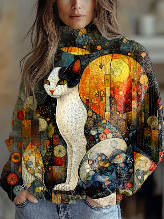 Women's Vintage Art Cat Art Print Casual Chic Sweater Pullover