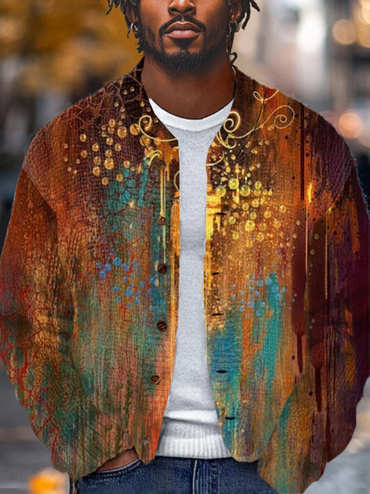 Men's Retro Colorful Gradient Art Print Button Stand Collar Cardigan Long Sleeve Sweater Jacket