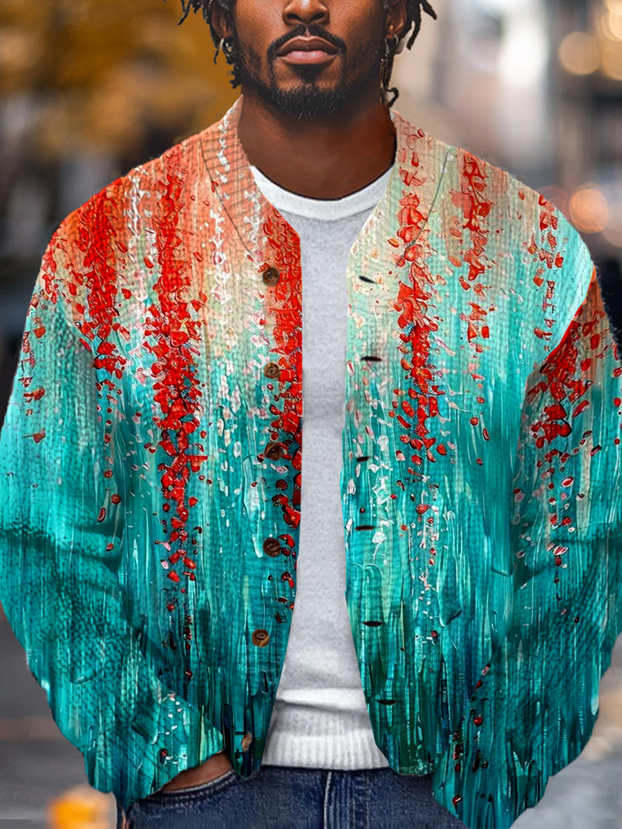 Men's Retro Colorful Gradient Art Print Button Stand Collar Cardigan Long Sleeve Sweater Jacket