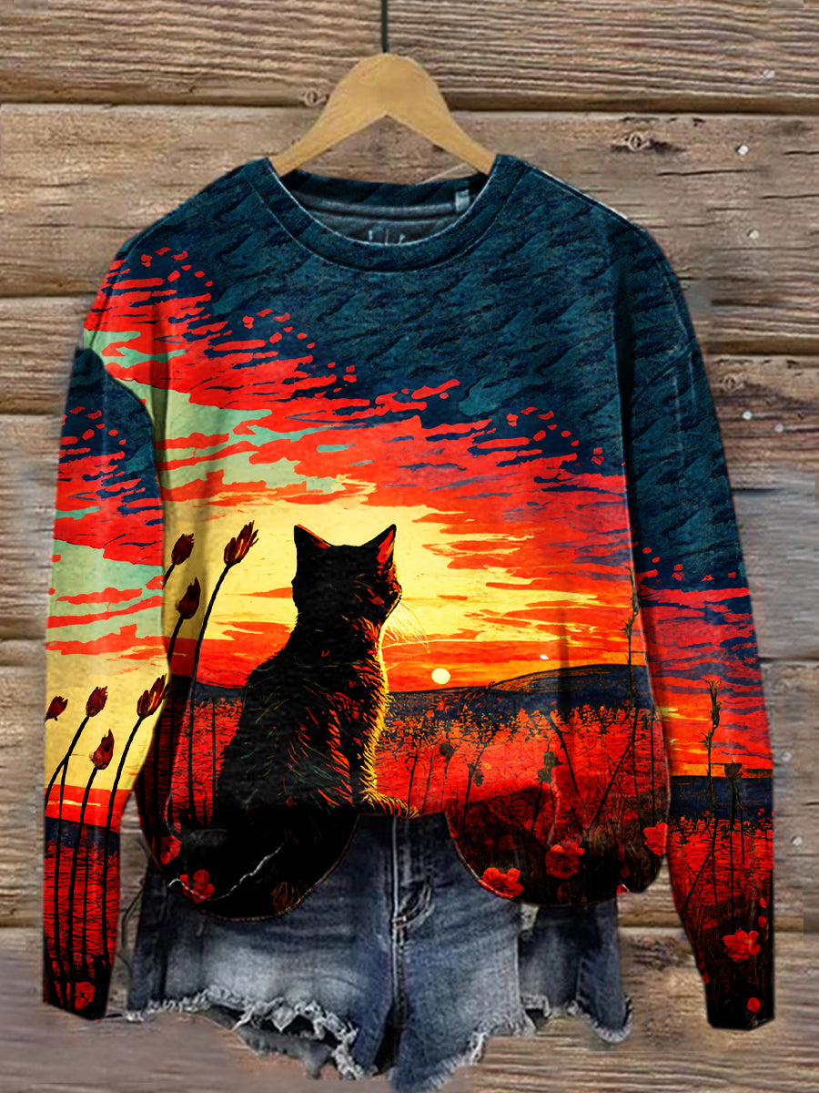 Retro Cat Art Print Casual Round Neck Long Sleeve Casual Sweatshirt