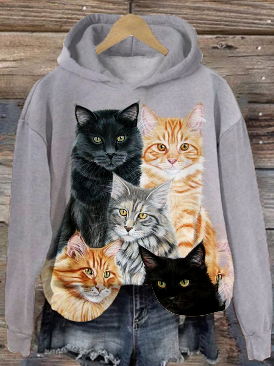 Retro Cat Art Print Casual Long Sleeve Hooded Sports Top