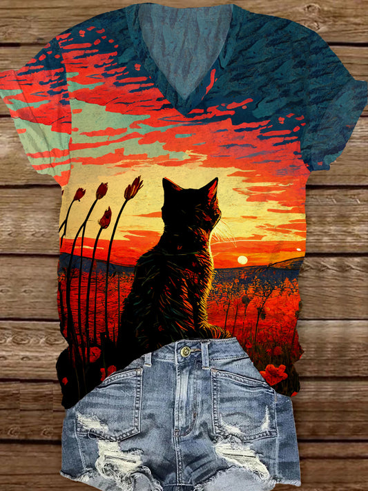 Retro Cat Art Print Casual V-Neck Short-Sleeved T-Shirt