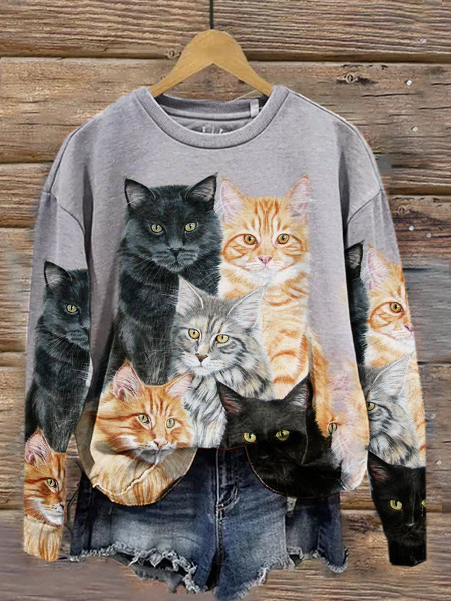 Retro Cat Art Print Casual Round Neck Long Sleeve Casual Sweatshirt